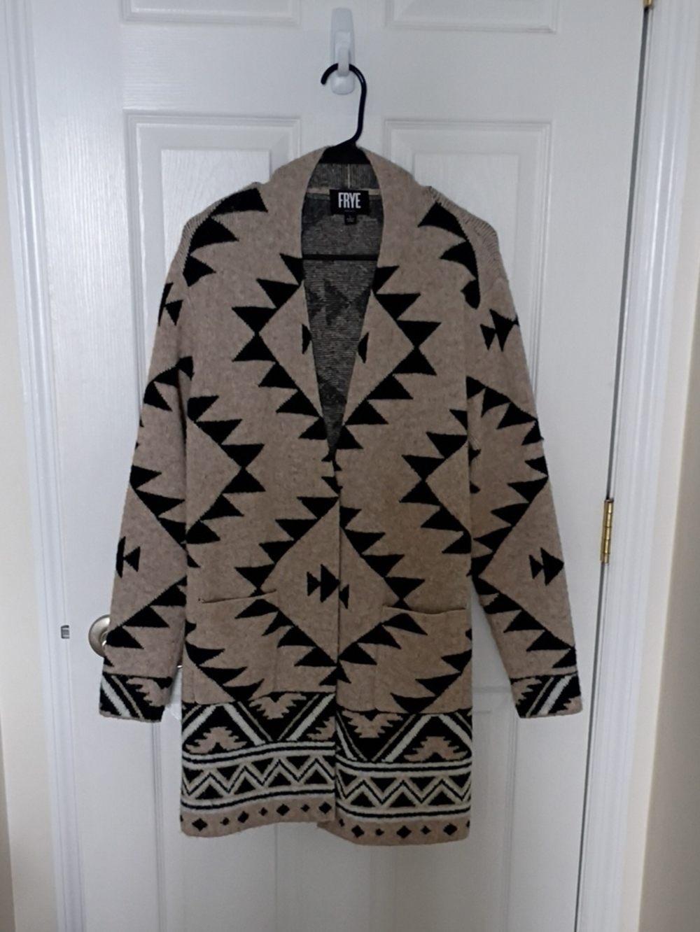 FRYE Tan and Black Geometric Open Cardigan, L